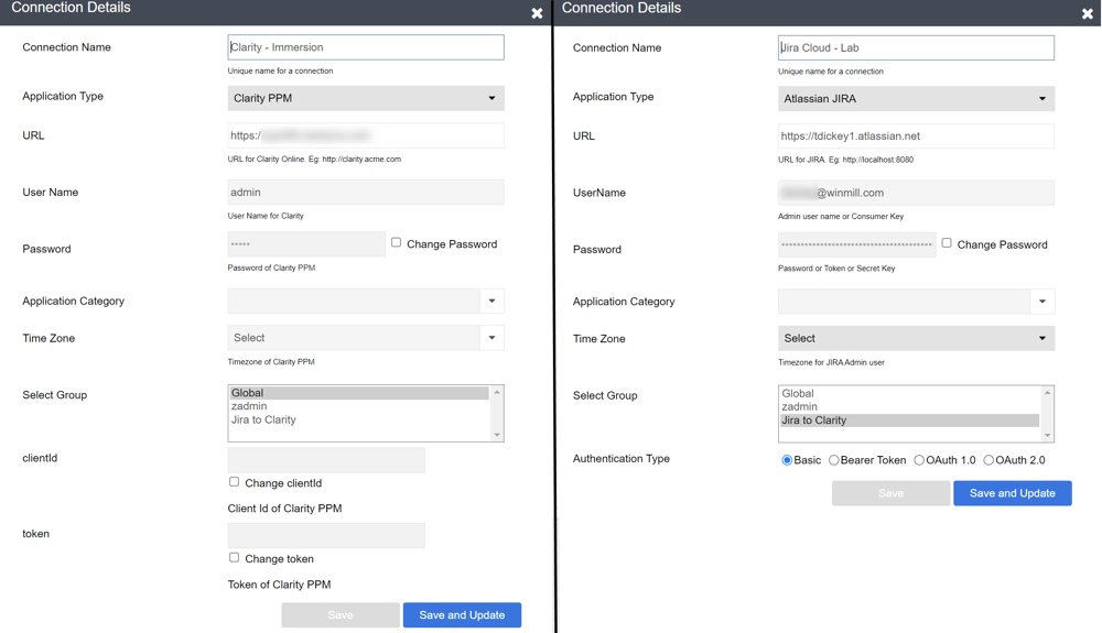 ConnectALL connection settings for Clarity and Jira
