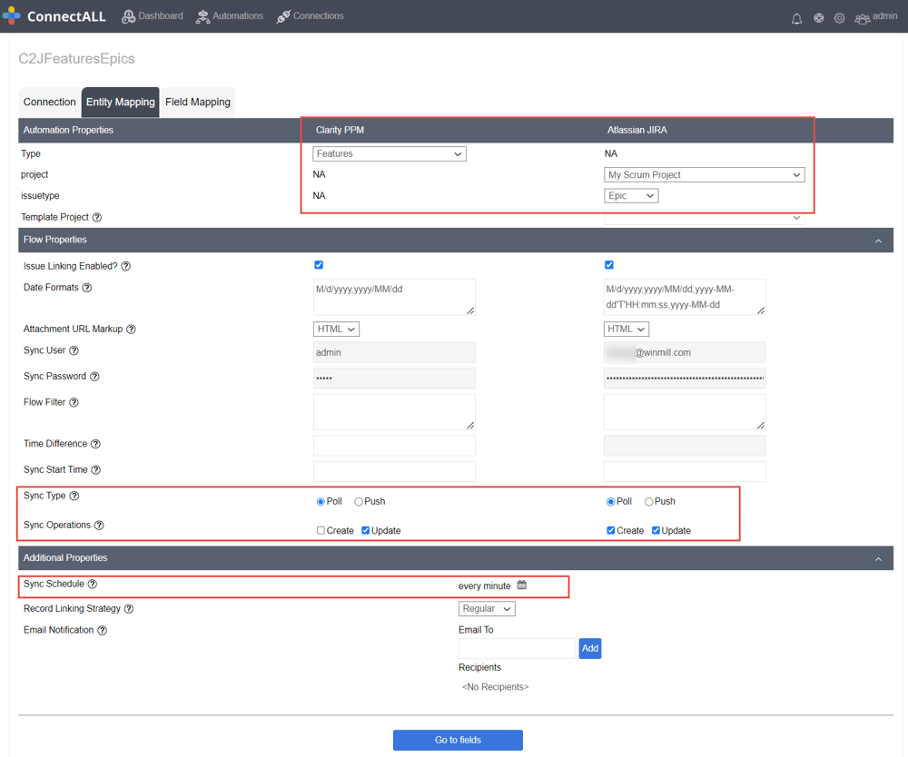 ConnectALL entity mapping of Clarity features to Jira epics