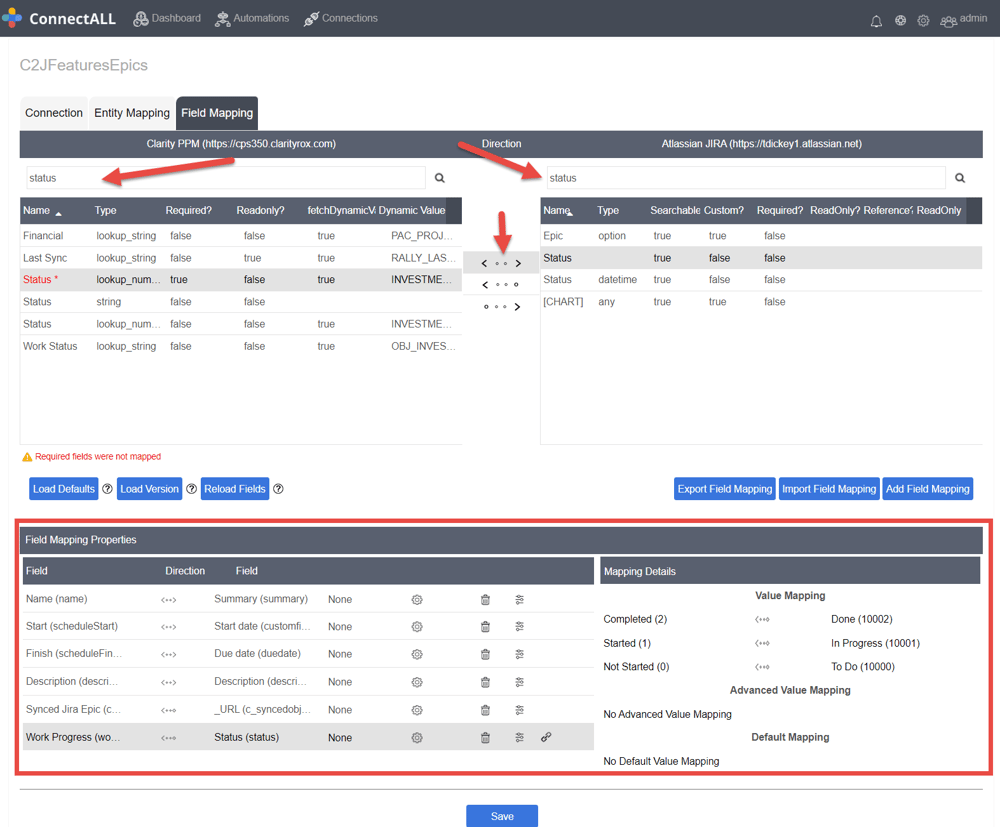 ConnectALL field mapping between Clarity and Jira