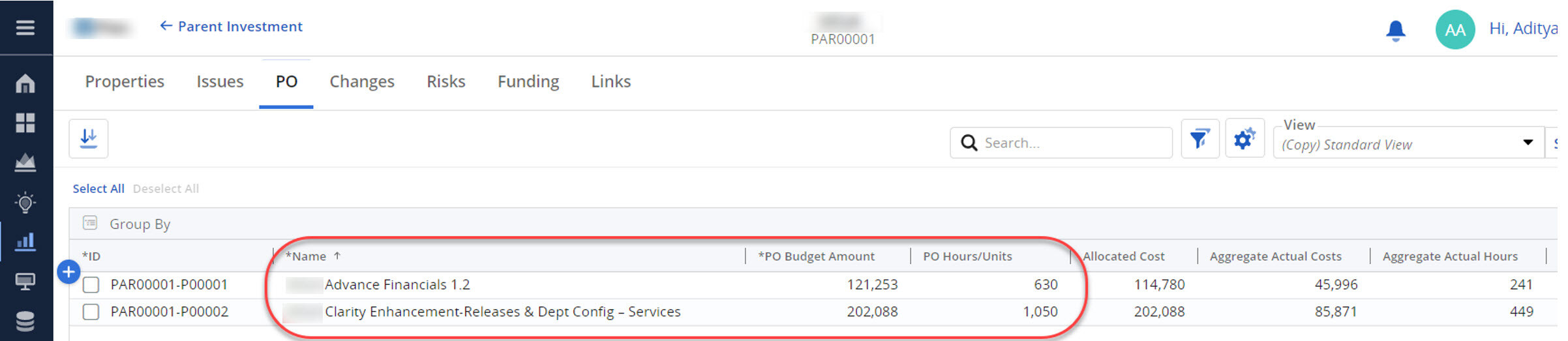 Clarity PO tab showing budget amounts, hours, and allocated costs for each purchase order