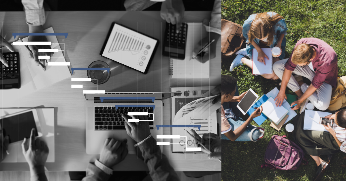 Overhead view of a team planning work on laptops and tablets beside students studying together on a lawn